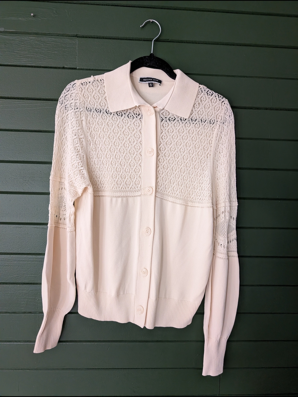 Lace-Yoke Cream Button-Down Sweater